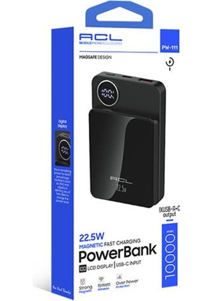 PW-111 22.5W Hızlı Şarjlı 10.000 Mah LCD Göstergeli Wireless Powerbank
