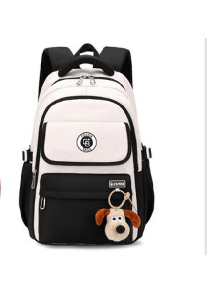 Kız Çocuk Ilkokul Çantası – Peluş Anahtarlıklı, Su Geçirmez Kumaş Siyah- Pudra-Gri Pembe