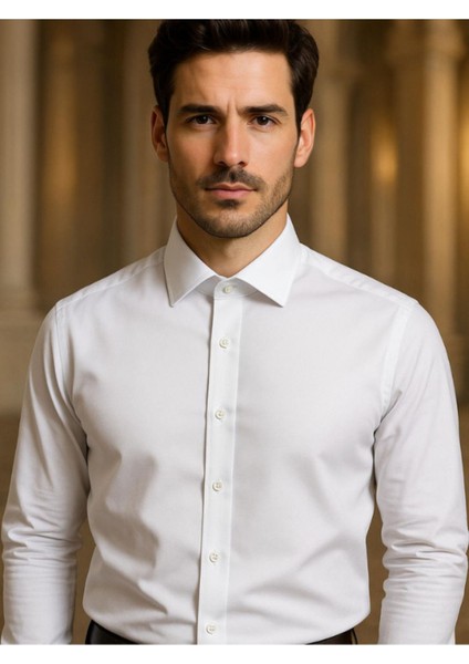 Erkek Slim Fit Pamuk Saten Dar Kesim Beyaz Pamuklu Gömlek
