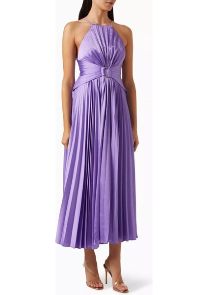 Montague Pileli Midi Elbise, Violet