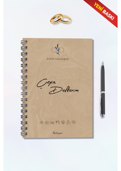 Çeyiz Defteri, Düğün Planlayıcı, Çeyiz Listesi, Çeyiz, Söz, Nişan, Kına, Balayı, Spiralli, Krem, 44 Sayfa.