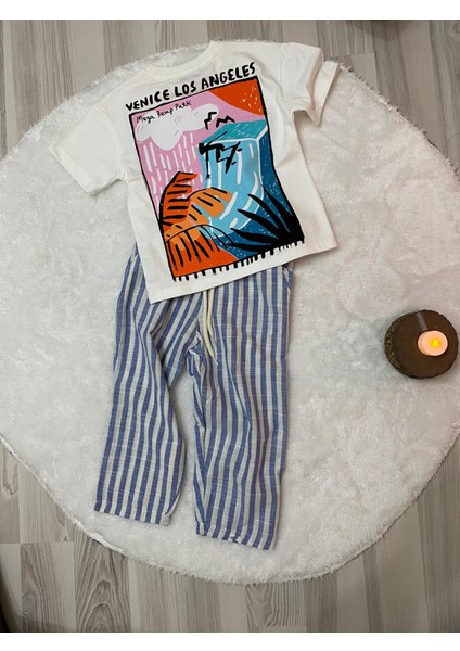 Ince Keten Çizgili Üst Pamuklu Sırt Baskı Detaylı Mükemmel Kaliteli Erkek Çocuk Alt Üst Takım fırsatları