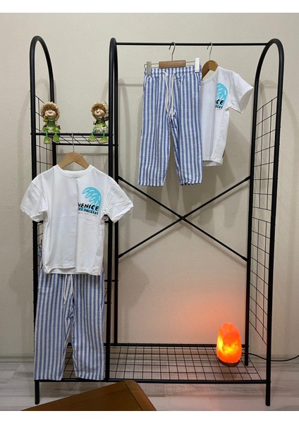 Ince Keten Çizgili Üst Pamuklu Sırt Baskı Detaylı Mükemmel Kaliteli Erkek Çocuk Alt Üst Takım indirimleri