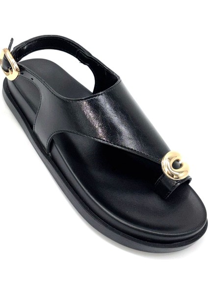 Kalyos Baş Parmak Düğme Detaylı Kadın Sandalet Siyah