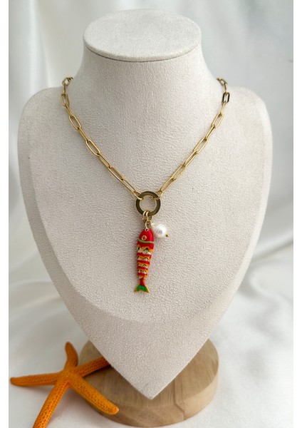 Çelik Inci Detay Mineli Balık Kılçık Kolye (46CM)