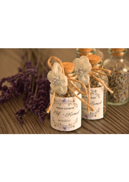 Kurutulmuş Çiçekli Lavanta Şişesi / Söz Nişan Nikah Hediyelik Cam Şişe / Isme Özel 10 Adet