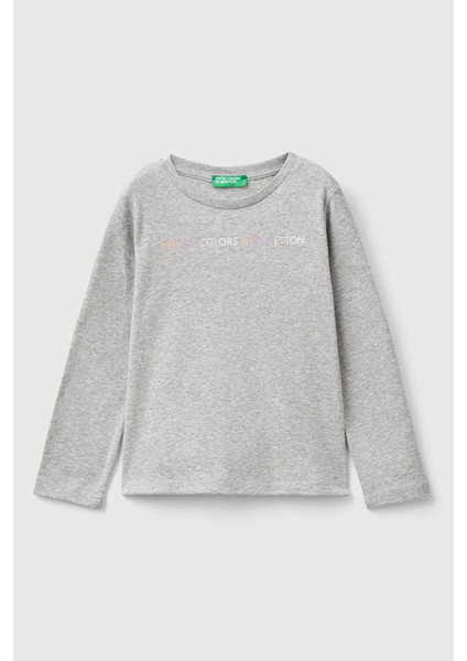 Kız Çocuk Logo Baskılı Uzun Kollu T-Shirt - Gri Melanj
