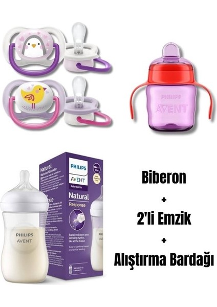 Avent Bebek Besleme Seti Damlatmaz Bardak + Anti Kolik Biberon Emziği + Ultra Air Emzik