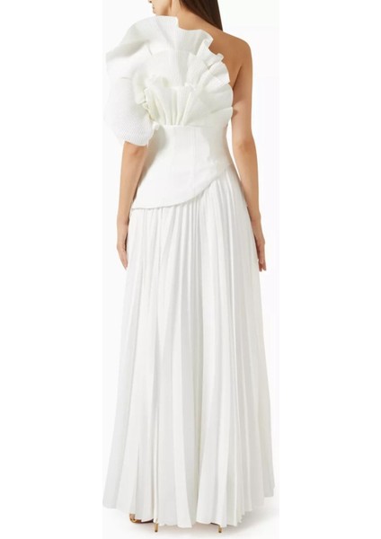 Whittington Pileli Gown, Beyaz, Zarif Tek Omuz Abiye