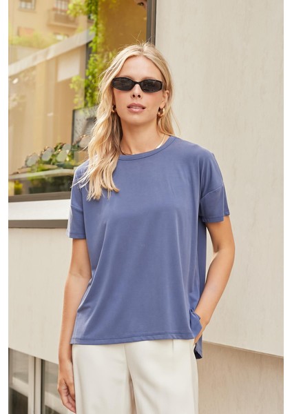 Kadın Modal Penye Geniş Sıfır Yaka Düşük Omuzlu Yanları Yırtmaçlı Bluz -Indigo