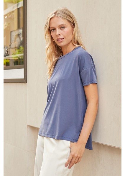 Kadın Modal Penye Geniş Sıfır Yaka Düşük Omuzlu Yanları Yırtmaçlı Bluz -Indigo fiyatları