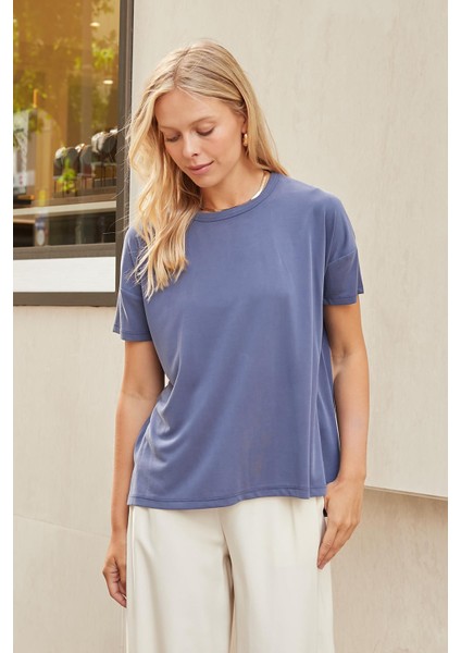 Kadın Modal Penye Geniş Sıfır Yaka Düşük Omuzlu Yanları Yırtmaçlı Bluz -Indigo modelleri