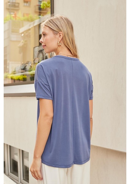 Kadın Modal Penye Geniş Sıfır Yaka Düşük Omuzlu Yanları Yırtmaçlı Bluz -Indigo fırsatları