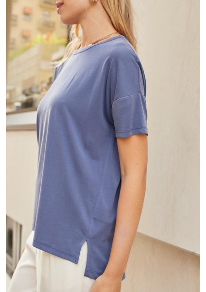 Kadın Modal Penye Geniş Sıfır Yaka Düşük Omuzlu Yanları Yırtmaçlı Bluz -Indigo indirimleri