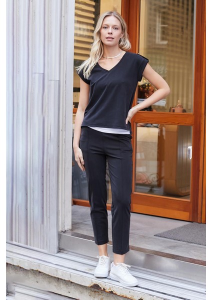 Kadın Modal Ipeksi Likralı Kumaş V Yaka Duble Kollu Apoletli Yanları Yırtmaçlı T-Shirt Bluz-Siyah