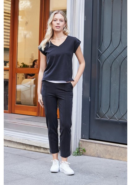 Kadın Modal Ipeksi Likralı Kumaş V Yaka Duble Kollu Apoletli Yanları Yırtmaçlı T-Shirt Bluz-Siyah fiyatları