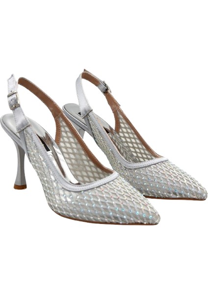 Damla Taş Detaylı Arkası Açık Topuklu Kadın Ayakkabı Gri modelleri