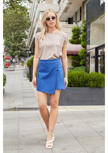 Likrasız Şık Kumaş Geniş Sıfır Yaka Düşük Omuz Kolları Düğmeli Bluz-Vizon