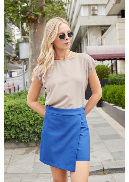 Likrasız Şık Kumaş Geniş Sıfır Yaka Düşük Omuz Kolları Düğmeli Bluz-Vizon modelleri