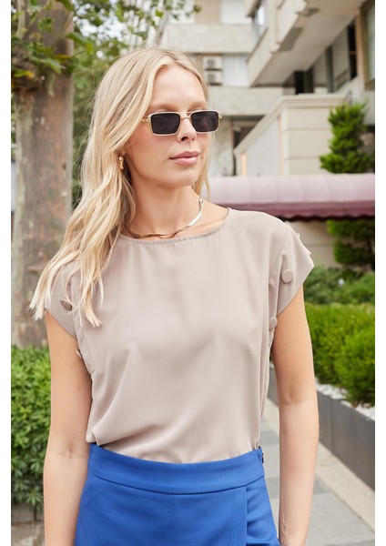 Likrasız Şık Kumaş Geniş Sıfır Yaka Düşük Omuz Kolları Düğmeli Bluz-Vizon fırsatları