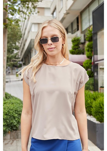 Likrasız Şık Kumaş Geniş Sıfır Yaka Düşük Omuz Kolları Düğmeli Bluz-Vizon indirimleri