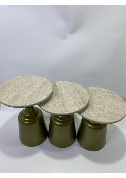 Tesla Gold Eskitme 18MM Traverten 3'lü Yan Sehpa 47- 52-57CM
