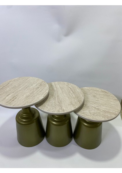 Tesla Gold Eskitme 18MM Traverten 3'lü Yan Sehpa 47- 52-57CM