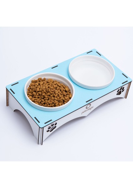 Ahşap ve Seramik Kedi-Köpek Mama Kabı, Açık Mavi, Şık ve Kullanışlı Tasarım
