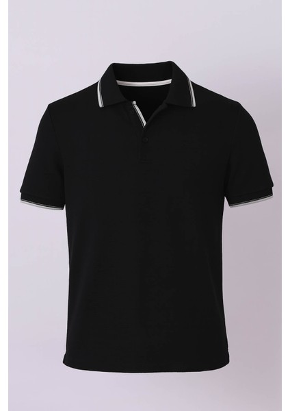 Likralı Petek Yakalı Yarım Patlı Siyah Erkek T-Shirt 2768