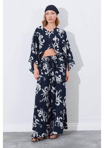 Bej Çiçek Desenli Keten Kimono & Pantolon Ikili Takım fiyatları