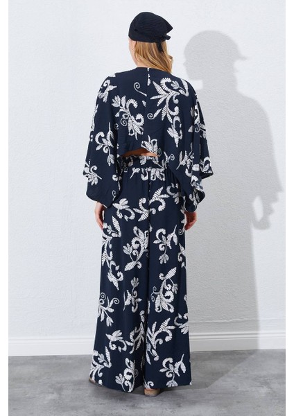 Bej Çiçek Desenli Keten Kimono & Pantolon Ikili Takım fırsatları