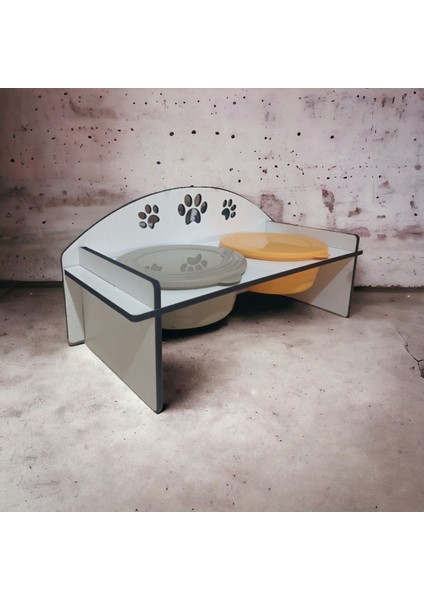 Beyaz Ahşap Kapaklı Kedi Köpek Su ve Mama Kabı Standı