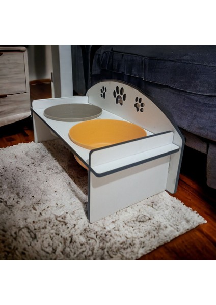 Beyaz Ahşap Kapaklı Kedi Köpek Su ve Mama Kabı Standı