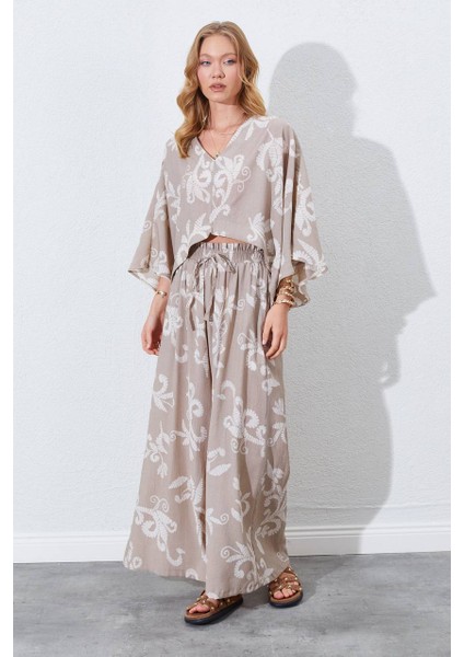 Bej Çiçek Desenli Keten Kimono & Pantolon Ikili Takım