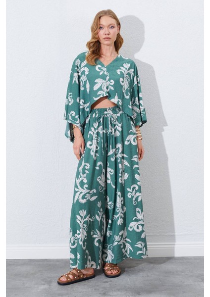 Bej Çiçek Desenli Keten Kimono & Pantolon Ikili Takım