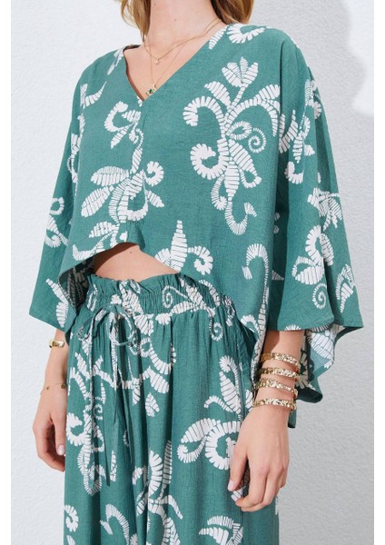 Bej Çiçek Desenli Keten Kimono & Pantolon Ikili Takım fiyatları