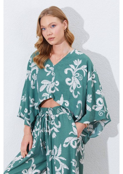 Bej Çiçek Desenli Keten Kimono & Pantolon Ikili Takım modelleri