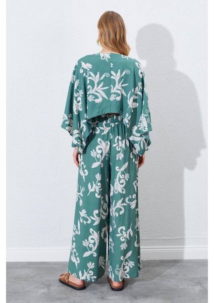 Bej Çiçek Desenli Keten Kimono & Pantolon Ikili Takım fırsatları