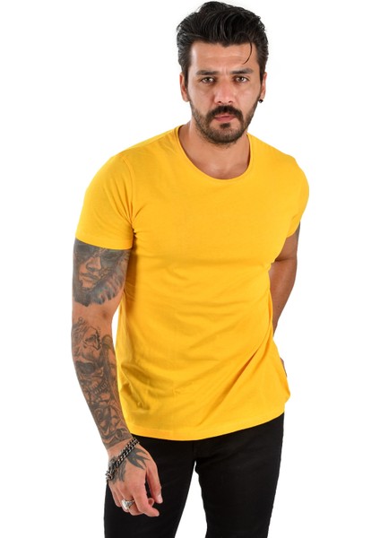 Hardal Sarısı Erkek/Unisex Slim Fit Dar Kesim Bisiklet Yaka Pamuklu Likralı Basic Tişört 1801131