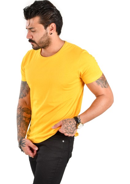 Hardal Sarısı Erkek/Unisex Slim Fit Dar Kesim Bisiklet Yaka Pamuklu Likralı Basic Tişört 1801131 fiyatları