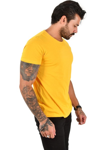 Hardal Sarısı Erkek/Unisex Slim Fit Dar Kesim Bisiklet Yaka Pamuklu Likralı Basic Tişört 1801131 fırsatları
