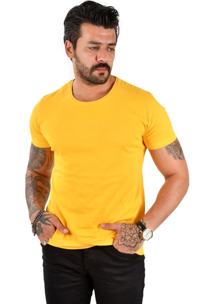 Hardal Sarısı Erkek/Unisex Slim Fit Dar Kesim Bisiklet Yaka Pamuklu Likralı Basic Tişört 1801131 indirimleri