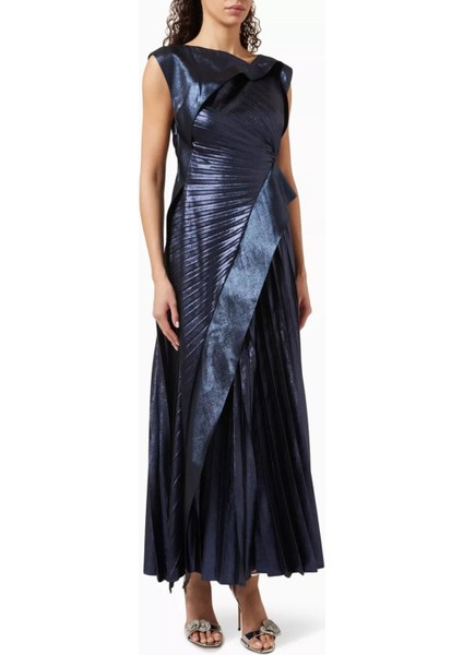 Pithill Navy Metal Pileli Maxi Elbise