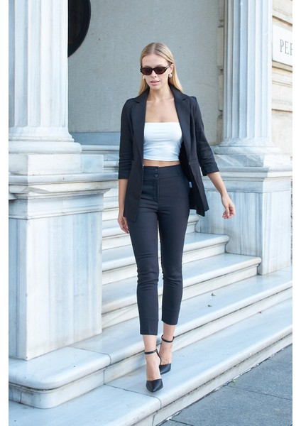 Kadın Kapri Truvakar Kol Süs Cepli Kopçalı Ofis Blazer Kumaş Ceket-Siyah