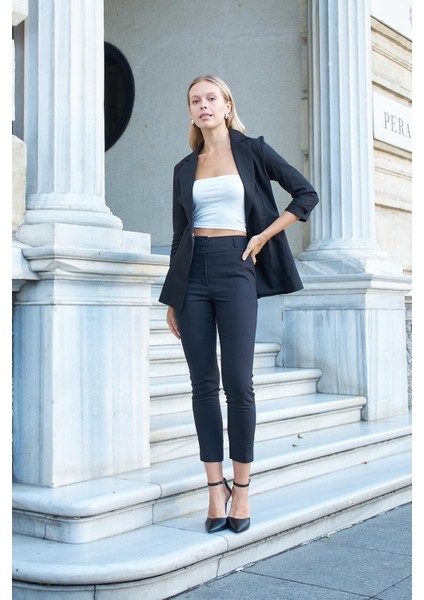 Kadın Kapri Truvakar Kol Süs Cepli Kopçalı Ofis Blazer Kumaş Ceket-Siyah fiyatları