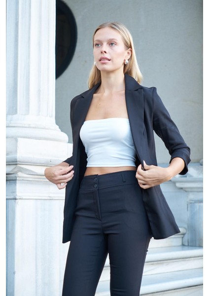 Kadın Kapri Truvakar Kol Süs Cepli Kopçalı Ofis Blazer Kumaş Ceket-Siyah modelleri