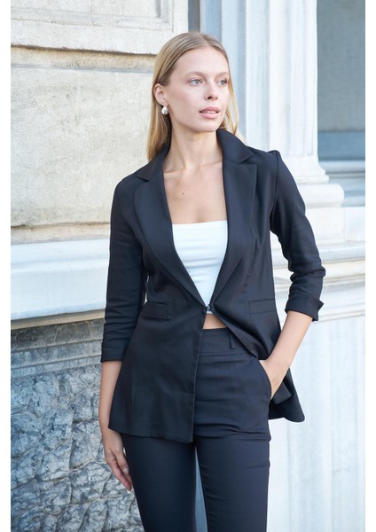 Kadın Kapri Truvakar Kol Süs Cepli Kopçalı Ofis Blazer Kumaş Ceket-Siyah fırsatları