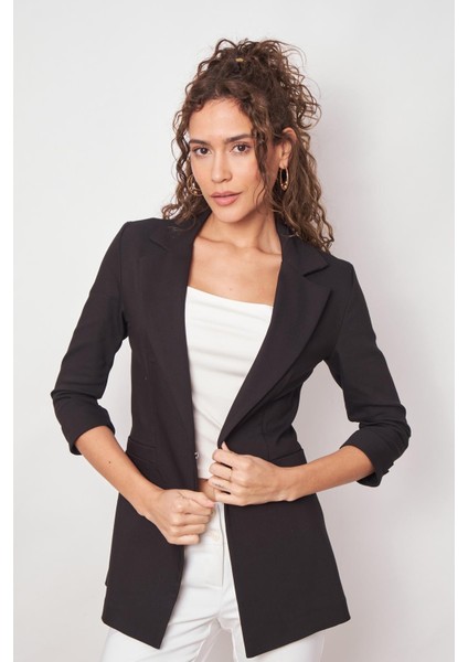 Kadın Kapri Truvakar Kol Süs Cepli Kopçalı Ofis Blazer Kumaş Ceket-Siyah indirimleri