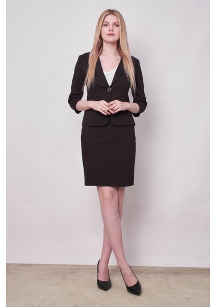 Yakalı Flato Cepli Capri Truvakar Kol Kısa Blazer Ceket-Siyah