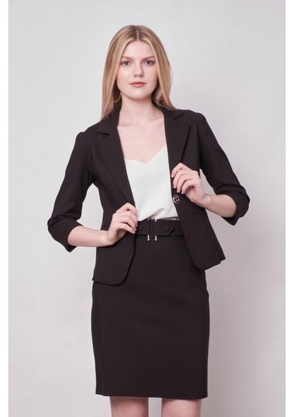 Yakalı Flato Cepli Capri Truvakar Kol Kısa Blazer Ceket-Siyah fiyatları